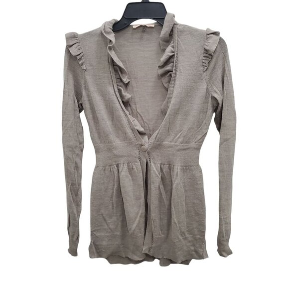 Rebecca Taylor Women's Taupe Wool‎ Alpaca Knit Ruffle Neck Academia Cardigan S - Picture 1 of 10